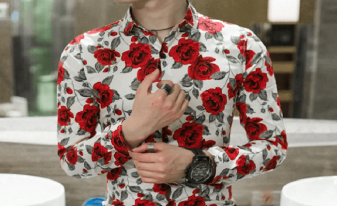 299 RS only Flower Style Casual Men Shirt Long Sleeve